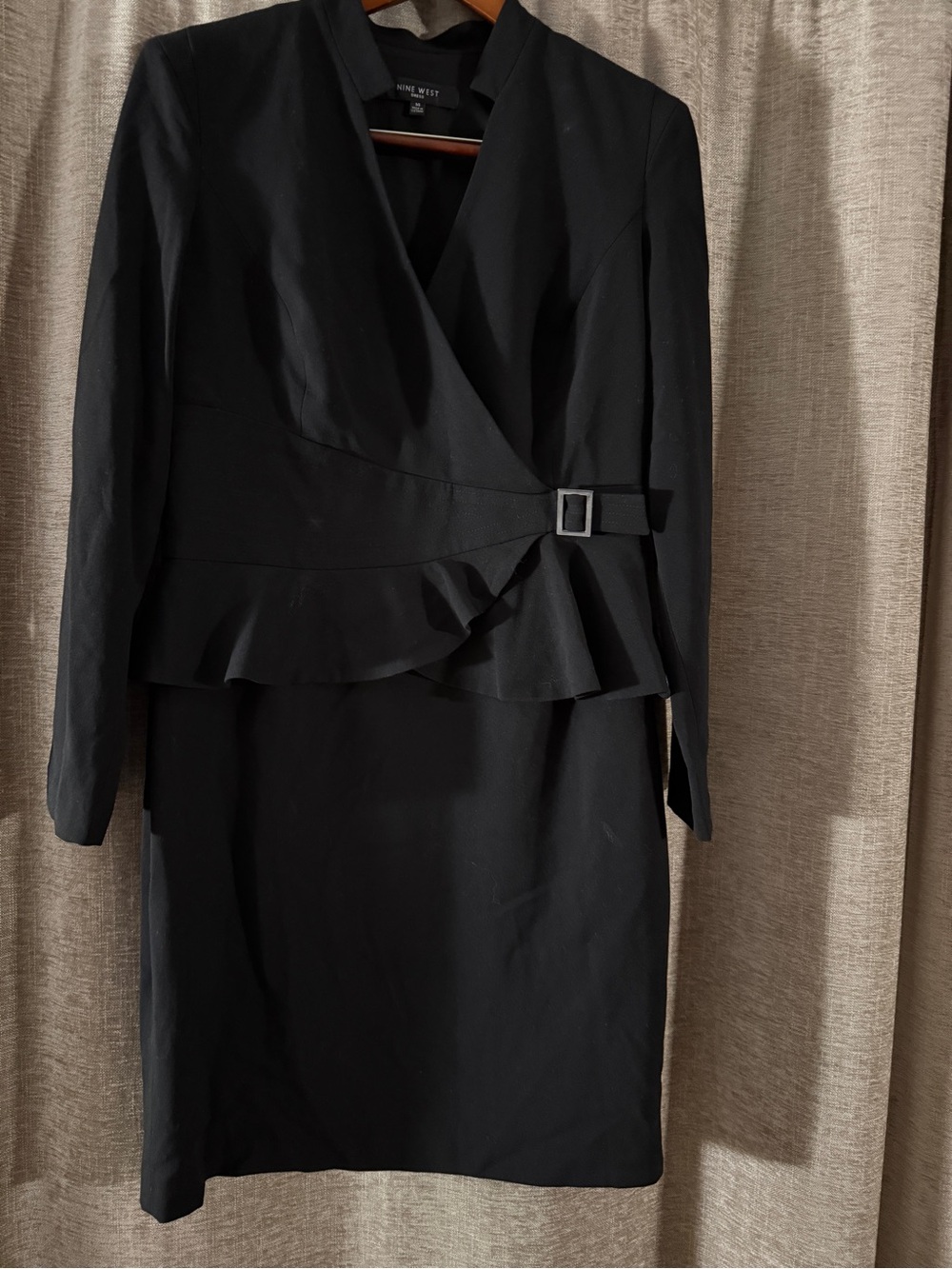 Nine West Black Long-Sleeve Peplum Wrap Dress